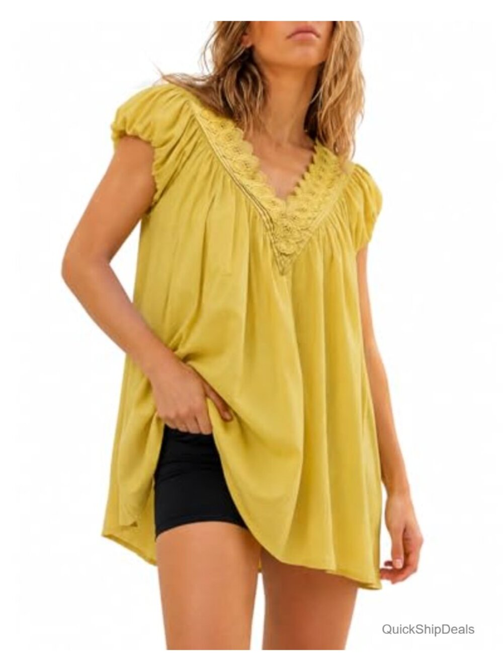Scalloped V Neck Babydoll Top Puff Sleeve Loose Fit Boho Tunic with Pockets